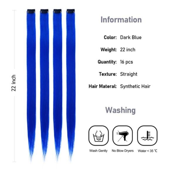 16PCS 22Inch Blue Clip-in Hair Extensions, Straight Colored Highlights for Women - Picture 2 of 7